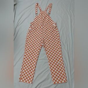 JEAN OVERALLS CHECKERED PLAID ORANGE WHITE DENIM Meas. Waist 38 Inseam 26 NO TAG